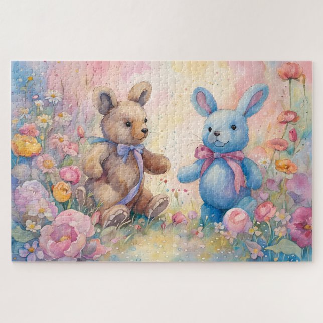 Teddy bear and Bunny In a Pastel Garden Jigsaw Puzzle (Horizontal)