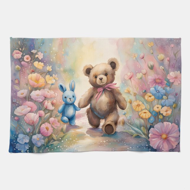 Teddy bear and Bunny In a Pastel Garden Kitchen Towel (Horizontal)