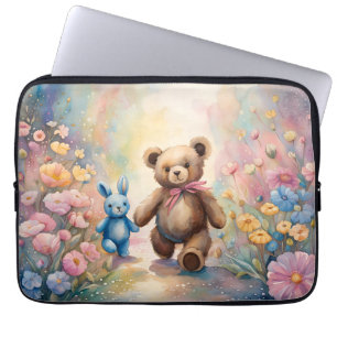 Teddy bear and Bunny In a Pastel Garden Laptop Sleeve