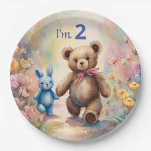 Teddy bear and Bunny In a Pastel Garden Paper Plate