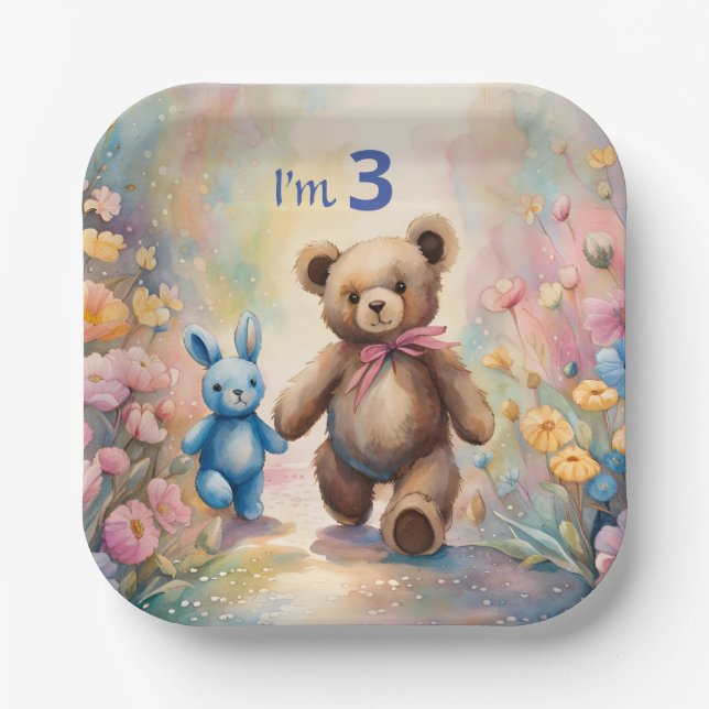 Teddy bear and Bunny In a Pastel Garden Paper Plate (Front)
