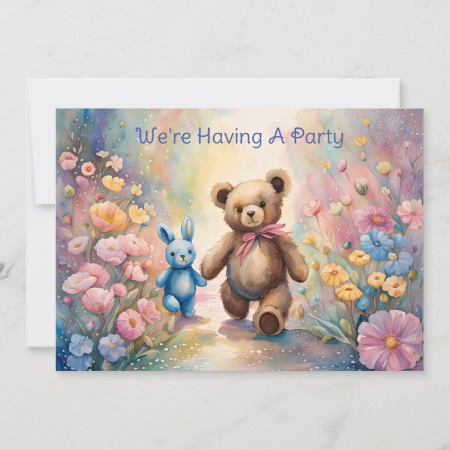 Teddy bear and Bunny In a Pastel Garden Party Announcement (Front)