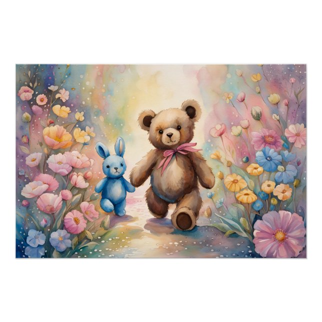 Teddy bear and Bunny In a Pastel Garden Poster (Front)