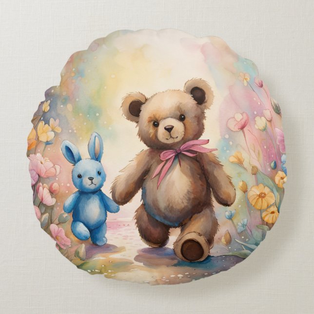 Teddy bear and Bunny In a Pastel Garden Round Pillow (Front)