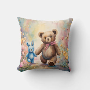 Teddy bear and Bunny In a Pastel Garden Throw Pillow