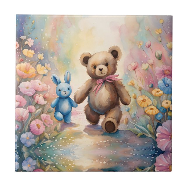 Teddy bear and Bunny In a Pastel Garden Tile (Front)
