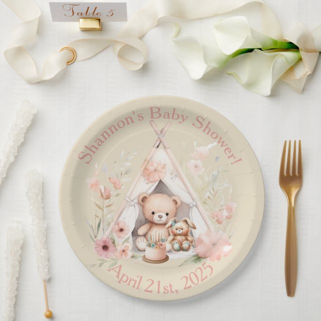 Teddy Bear and Bunny in Teepee Tent Baby Shower Paper Plate (Wedding)