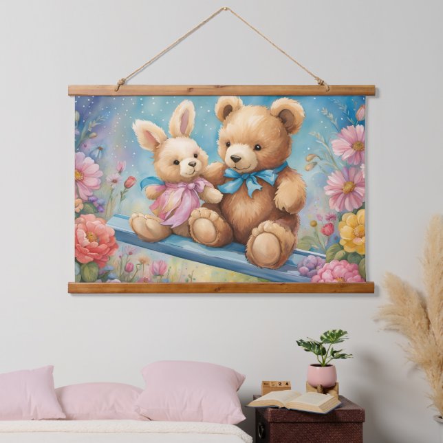 Teddy Bear and Bunny Sitting in garden Hanging Tapestry (Bedroom)