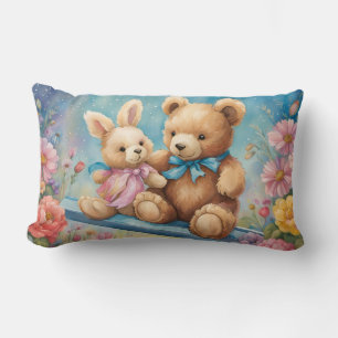 Teddy Bear and Bunny Sitting in garden Lumbar Pillow