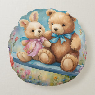 Teddy Bear and Bunny Sitting in garden Round Pillow