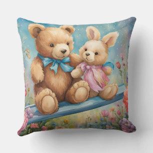 Teddy Bear and Bunny Sitting in garden Throw Pillow