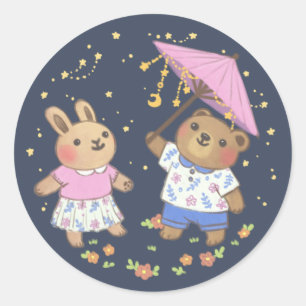 Teddy Bear and Bunny under the Stars Illustration Classic Round Sticker
