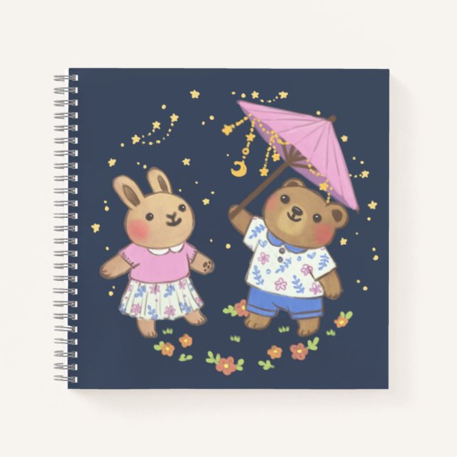 Teddy Bear and Bunny under the Stars Illustration Notebook (Front)