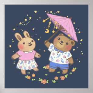 Teddy Bear and Bunny under the Stars Illustration Poster