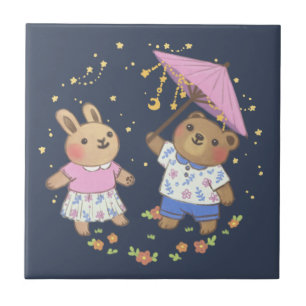 Teddy Bear and Bunny under the Stars Illustration Tile