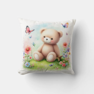 Teddy Bear and Butterflies Throw Pillow