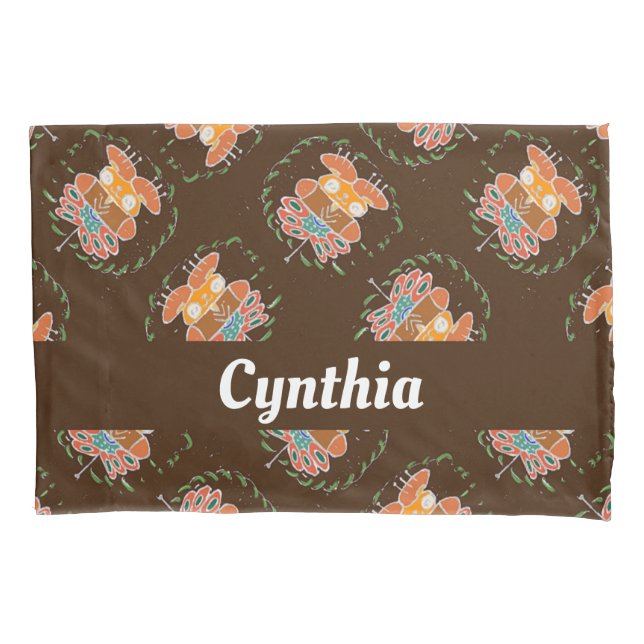 Teddy bear and butterfly  on brown pillowcase (Front)