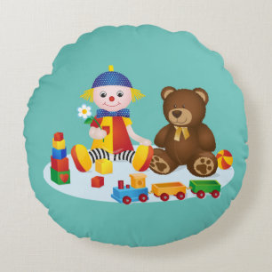 Teddy Bear and Clown Nursery Room Round Pillow