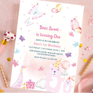 Teddy Bear and duck 1st Birthday baby Girl Invitation