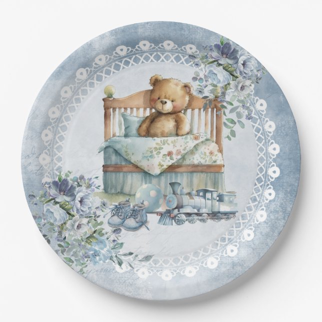 Teddy bear and dusty blue flowers boy baby shower  paper plate (Front)