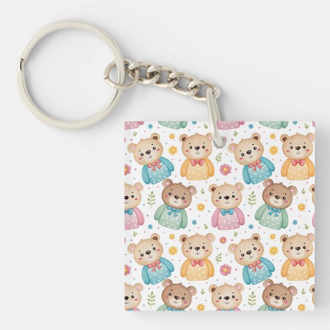 Teddy bear and flowers keychain (Front)