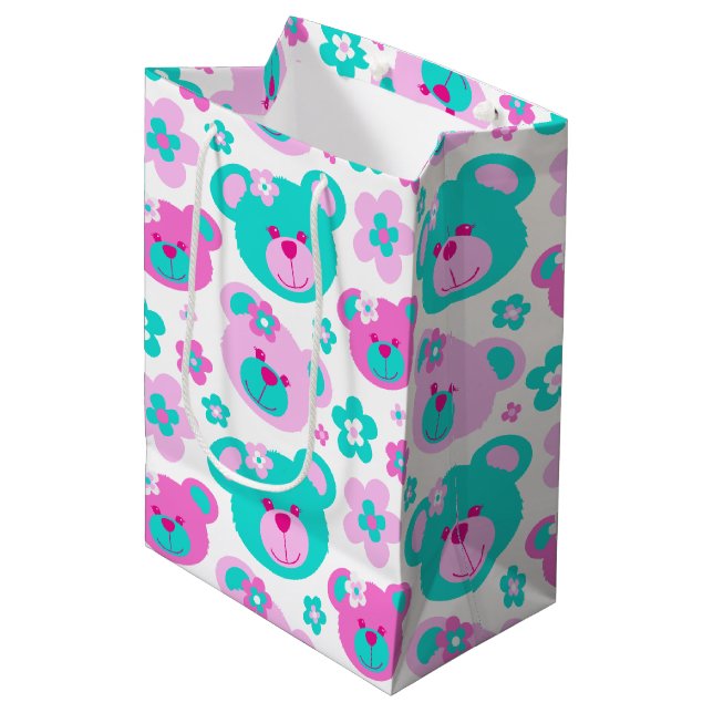Teddy bear and flowers pink aqua white gift bag (Front Angled)