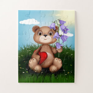 Teddy Bear and Flowers with a Red Heart Jigsaw Puzzle