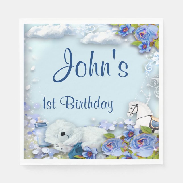 Teddy Bear And Horse Birthday Party Napkin (Front)