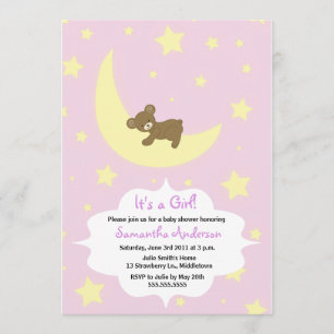 Teddy Bear and Moon Baby shower Invitation - Girl