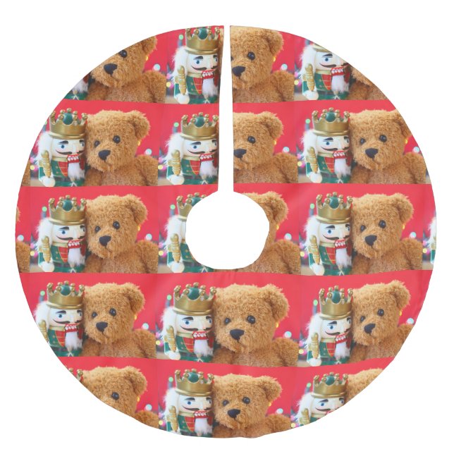 Teddy bear and nutcracker brushed polyester tree skirt (Front)