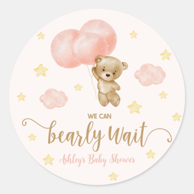Teddy Bear and Pink Balloons Baby Shower Favour Classic Round Sticker (Front)