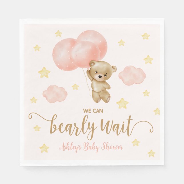 Teddy Bear and Pink Balloons Baby Shower Napkin (Front)