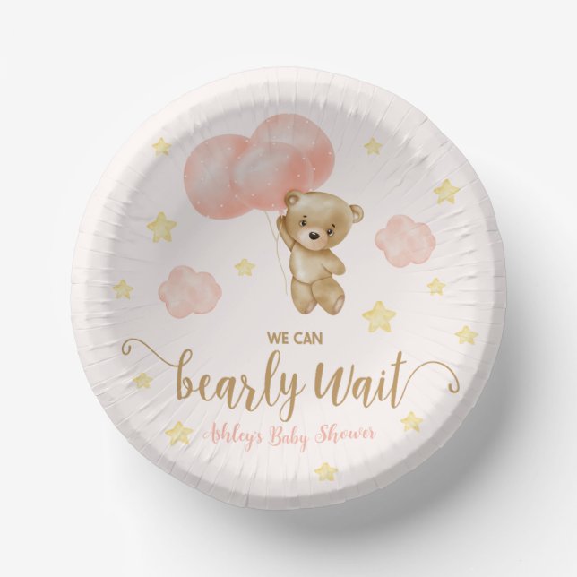 Teddy Bear and Pink Balloons Baby Shower Paper Plate (Front)