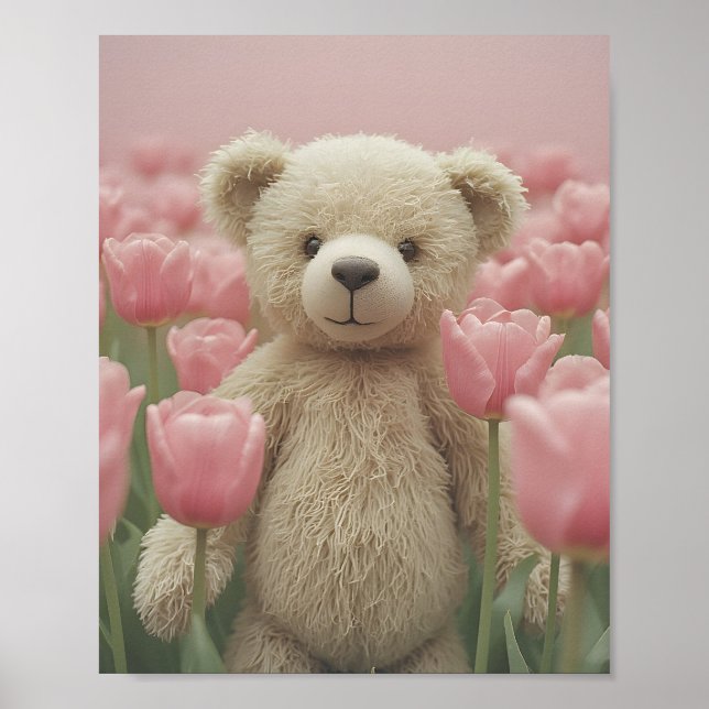 Teddy Bear and pink tulip Nursery Poster (Front)