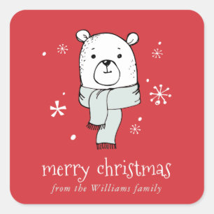 Teddy Bear and snowflakes Red Christmas Square Sticker
