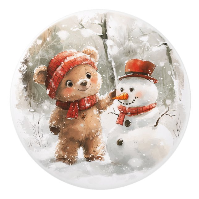 Teddy Bear and Snowman Ceramic Knob (Front)