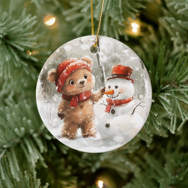 Teddy Bear and Snowman Ceramic Ornament (Tree)