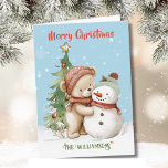 Teddy Bear and Snowman Christmas Tree  Card<br><div class="desc">This teddy bear sure has heart -- the Teddy Bear and Snowman Watercolor Christmas Tree Card -- will send your message for the holiday season with joy and good humour. Dressed for the season and filled with good cheer. Personalized with your name in front; message on the inside and an...</div>