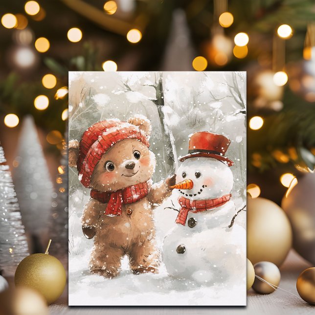 Teddy Bear and Snowman Holiday Postcard (Creator Uploaded)
