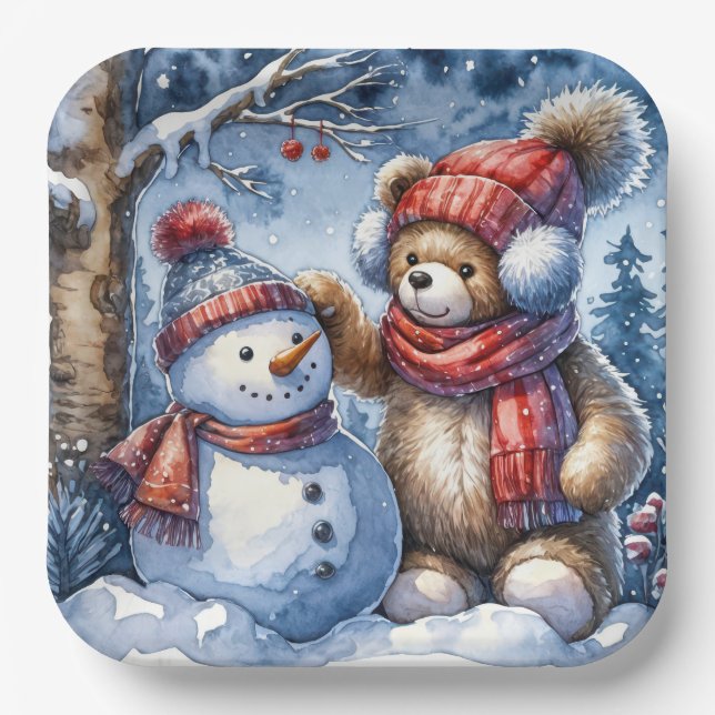 Teddy Bear and Snowman Paper Plate (Front)