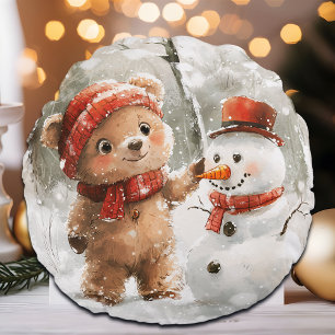 Teddy Bear and Snowman Round Pillow