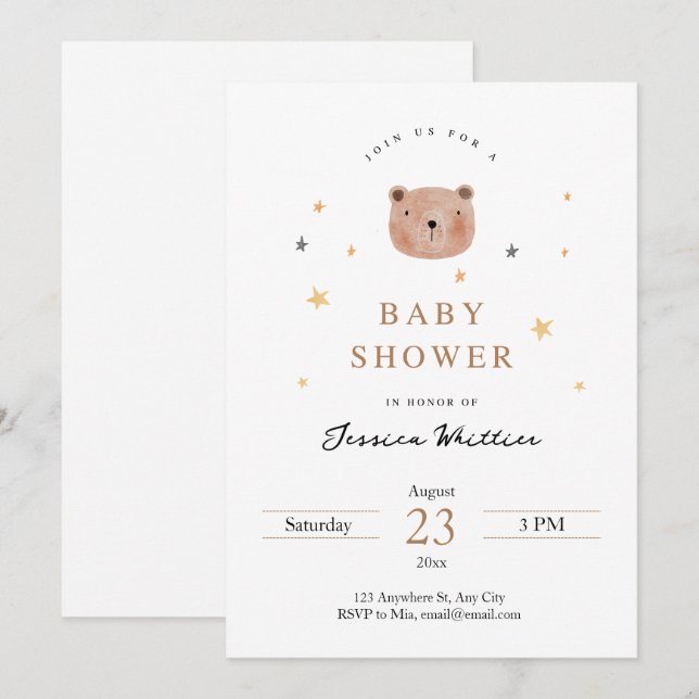 Teddy Bear and Stars Baby Shower Invitation (Front/Back)
