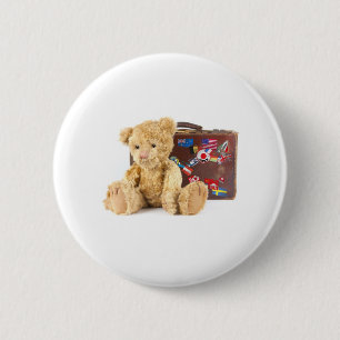 teddy bear and vintage old suitcase with world sti 2 inch round button