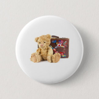 teddy bear and vintage old suitcase with world sti 2 inch round button