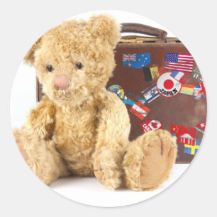 teddy bear and vintage old suitcase with world sti classic round sticker