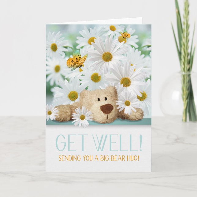 Teddy Bear and White Daisy Garden Get Well Card (Front)