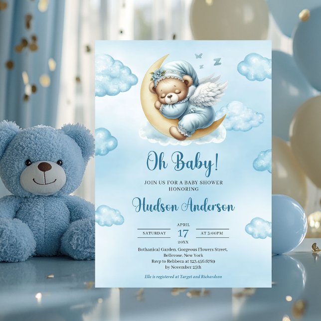 Teddy bear angels wings sleeping over the moon invitation (teddy bear sleeping over the moon with wings boy baby shower invitation)