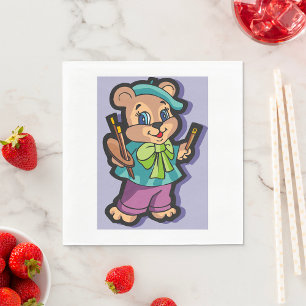 Teddy Bear Artist with Beret and Paint Brushes Napkin