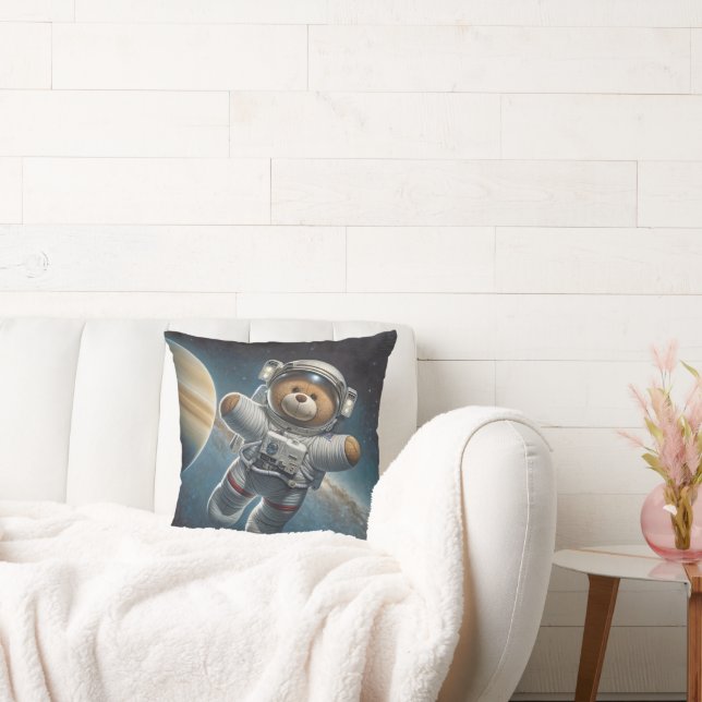 Teddy Bear Astronaut In Outer Space Throw Pillow (Couch)