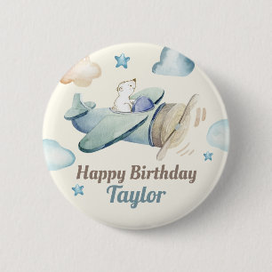 Teddy Bear Aviator Birthday for Boy 2 Inch Round Button